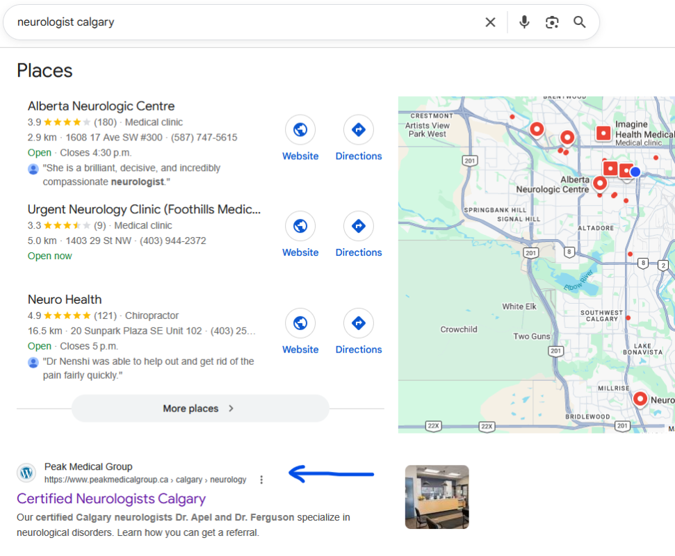neurologist calgary SERPs screenshot of Peak Medical Group snippet